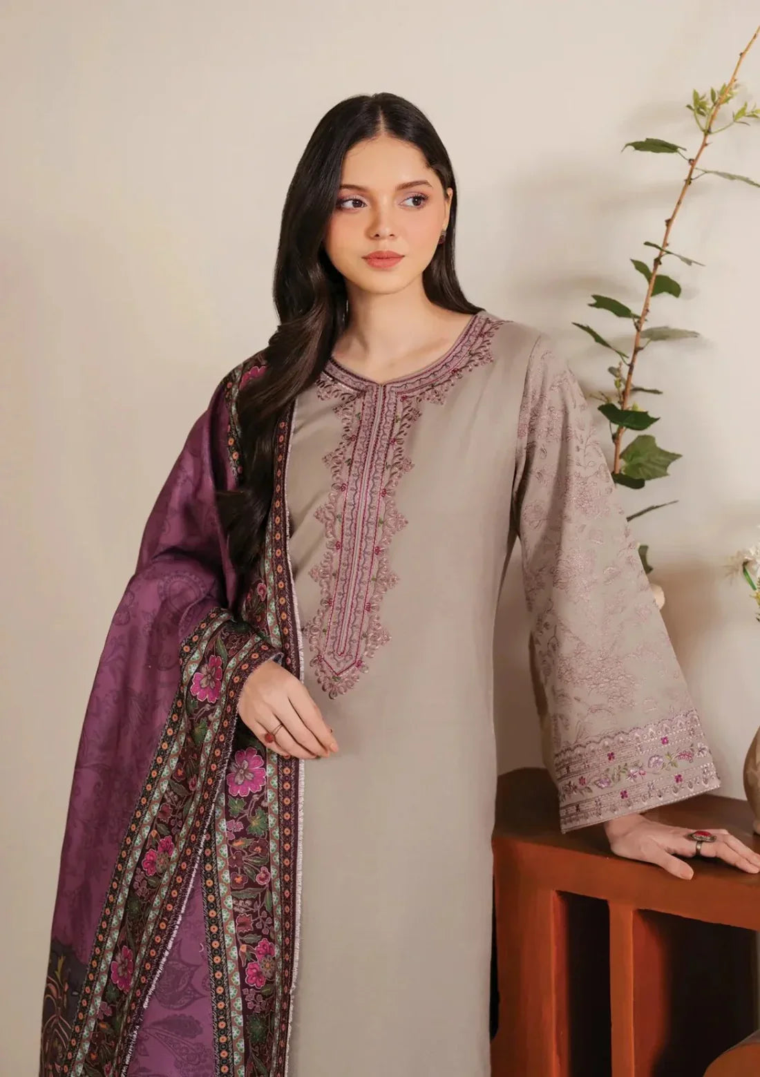 Garnet Embroidered Dhanak 3 Piece Shahmina