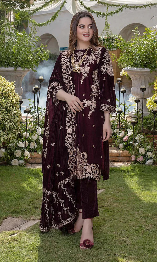 Embroidered Velvet 3 piece With Velvet Shawl Winter Collection FCC ZC-111
