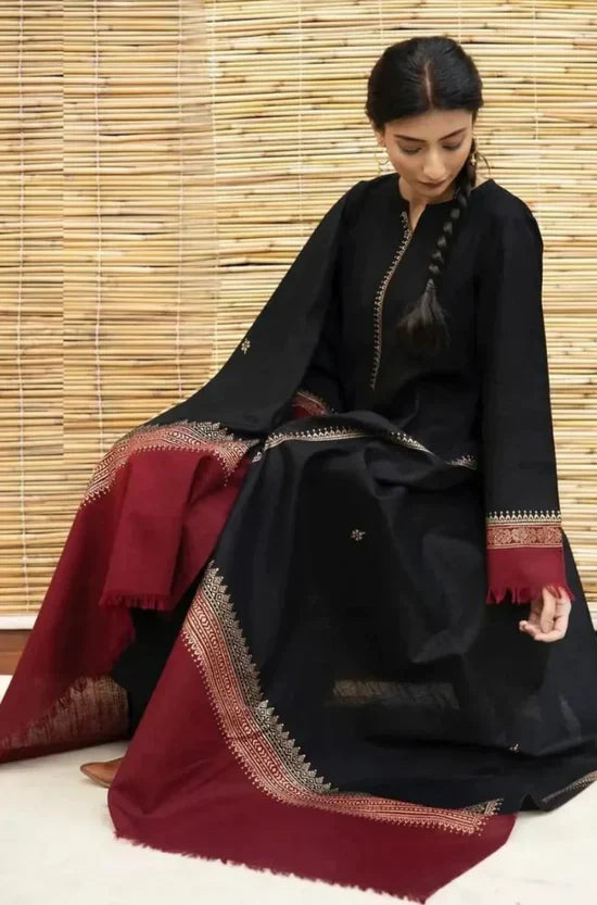 Black Dhanak Embroidered 3 piece With Dhanak Shawl Fcc-451