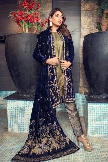 Blue 3 Piece Embroidered Velvet FCC BT-11