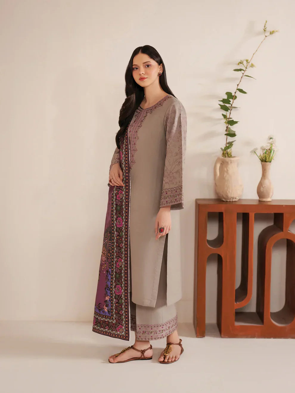 Garnet Embroidered Dhanak 3 Piece Shahmina