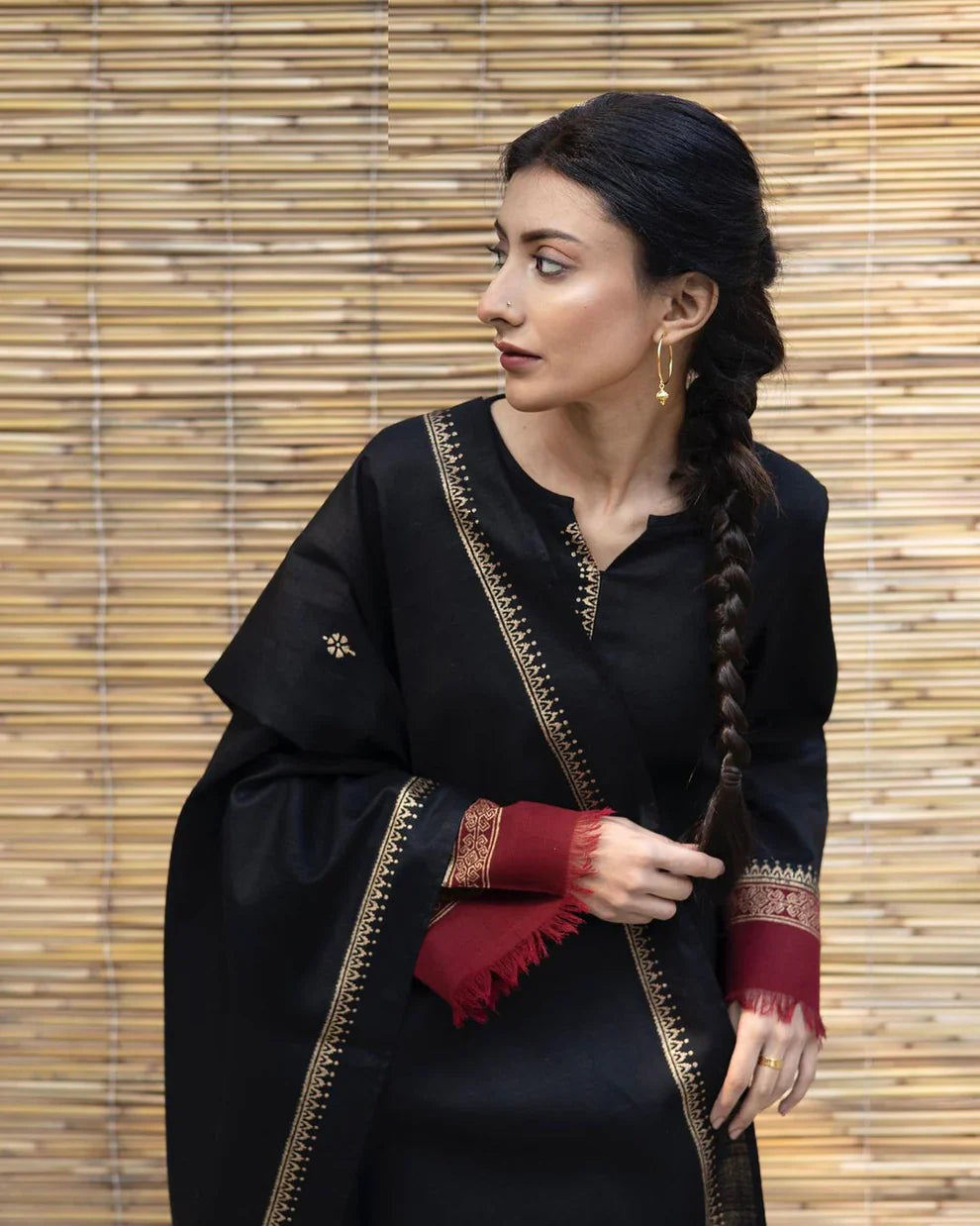 Black Dhanak Embroidered 3 piece With Dhanak Shawl Fcc-451