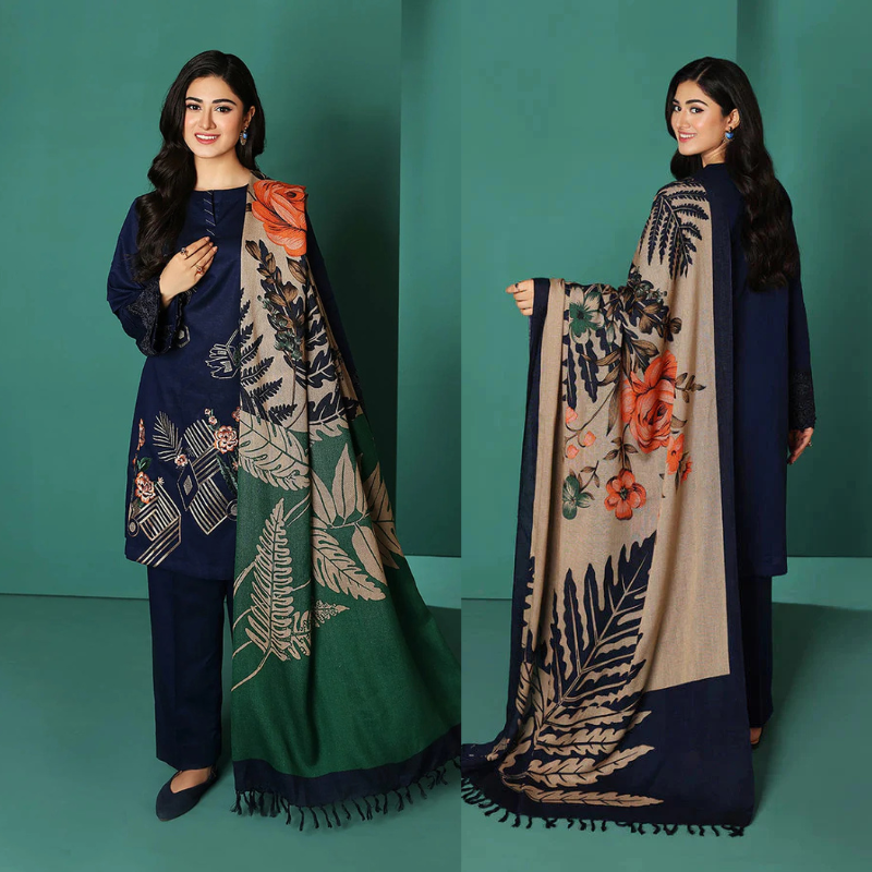 Nishat Blue Dhanak Embroidered Three Piece With Silk Woolen Shawl 539