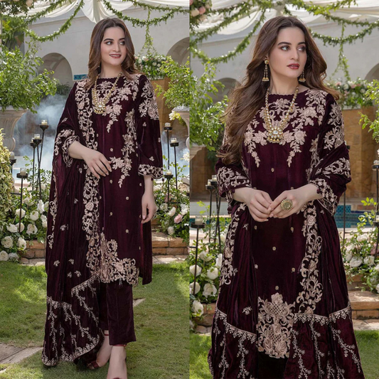 Embroidered Velvet 3 piece With Velvet Shawl Winter Collection FCC ZC-111