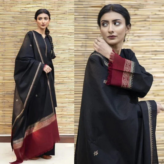Black Dhanak Embroidered 3 piece With Dhanak Shawl Fcc-451