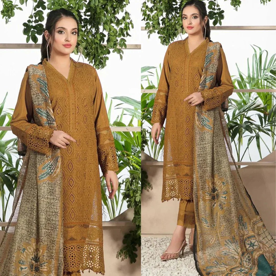 Chikenkari Dhanak Embroidered Three Piece Collection (D-762 Musturd)