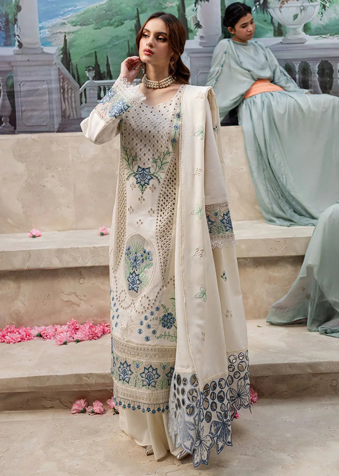 Chikenkari Qalamkar Embroidered Lawn 3 Piece Suit QL-1024